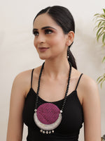 Load image into Gallery viewer, Fabric Necklace Set with Black Beads and Silver Finish Metal Pendant
