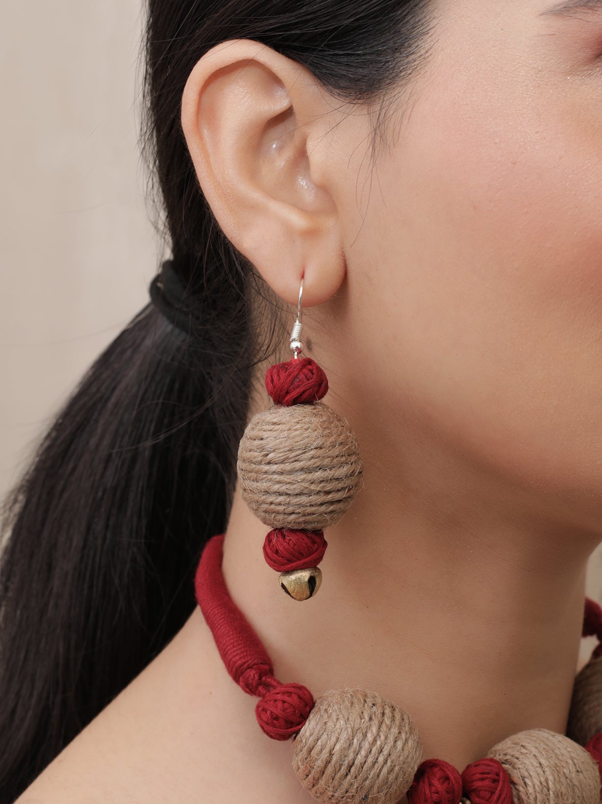 Fabric, Jute and Ghungroos Embellished Handcrafted Necklace Set