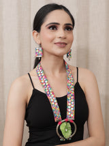 Fabric Necklace Set with Mirror Work and Statement Metal Pendant