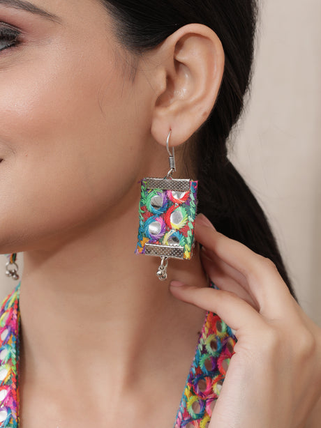 Fabric Necklace Set with Mirror Work and Statement Metal Pendant