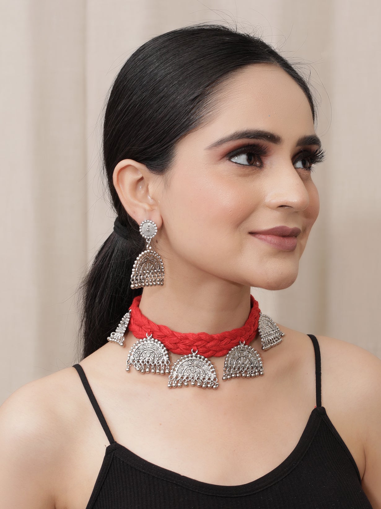 Red Braided Fabric Threads and Metal Tribal Choker Necklace Set