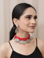 Load image into Gallery viewer, Red Braided Fabric Threads and Metal Tribal Choker Necklace Set
