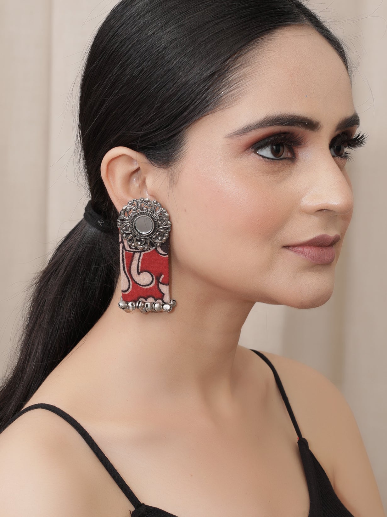 Beige and Red Kalamkari Fabric Mirror Earrings
