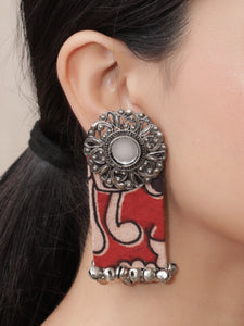 Beige and Red Kalamkari Fabric Mirror Earrings