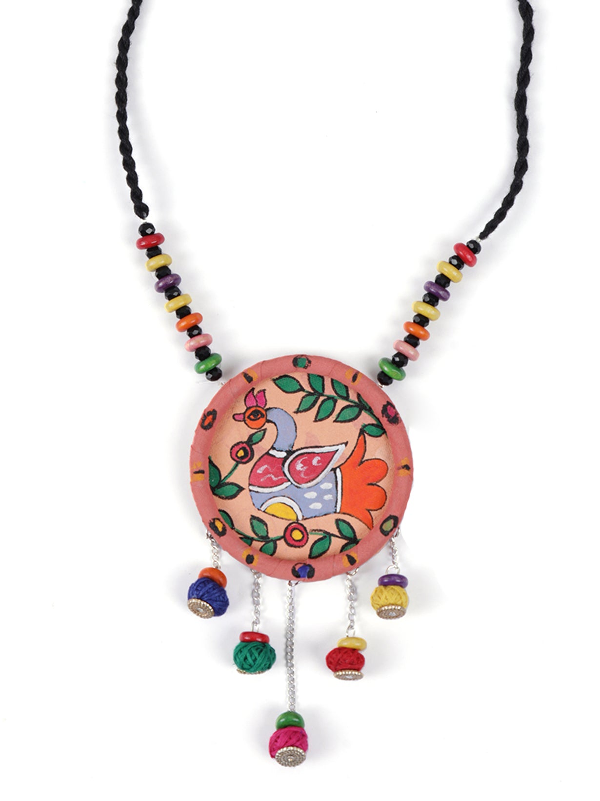 Hand-Painted Peacock on Fabric Necklace Set with Wooden Beads