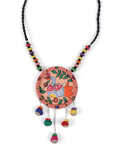 Hand-Painted Peacock on Fabric Necklace Set with Wooden Beads