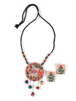 Load image into Gallery viewer, Hand-Painted Peacock on Fabric Necklace Set with Wooden Beads
