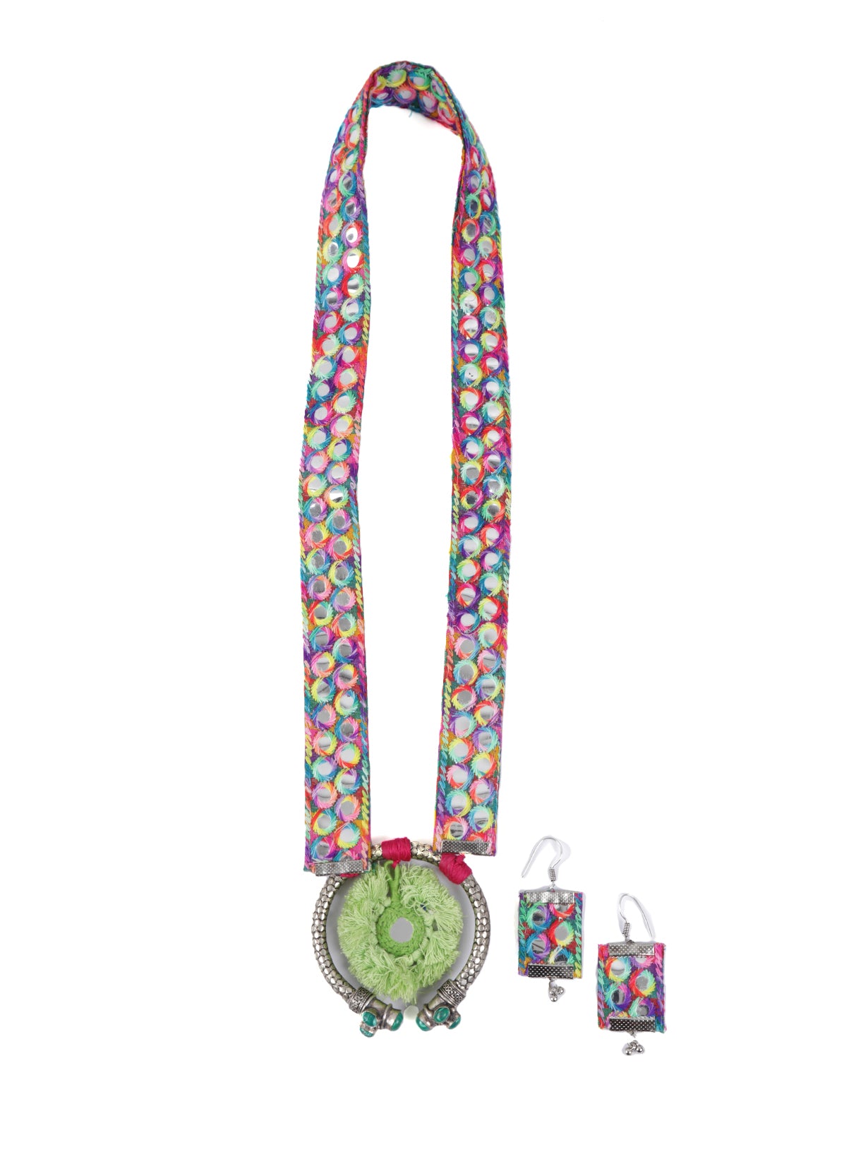 Fabric Necklace Set with Mirror Work and Statement Metal Pendant