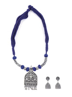 Load image into Gallery viewer, Thread Closure Necklace Set with Fabric Beads and Jhumka Earrings
