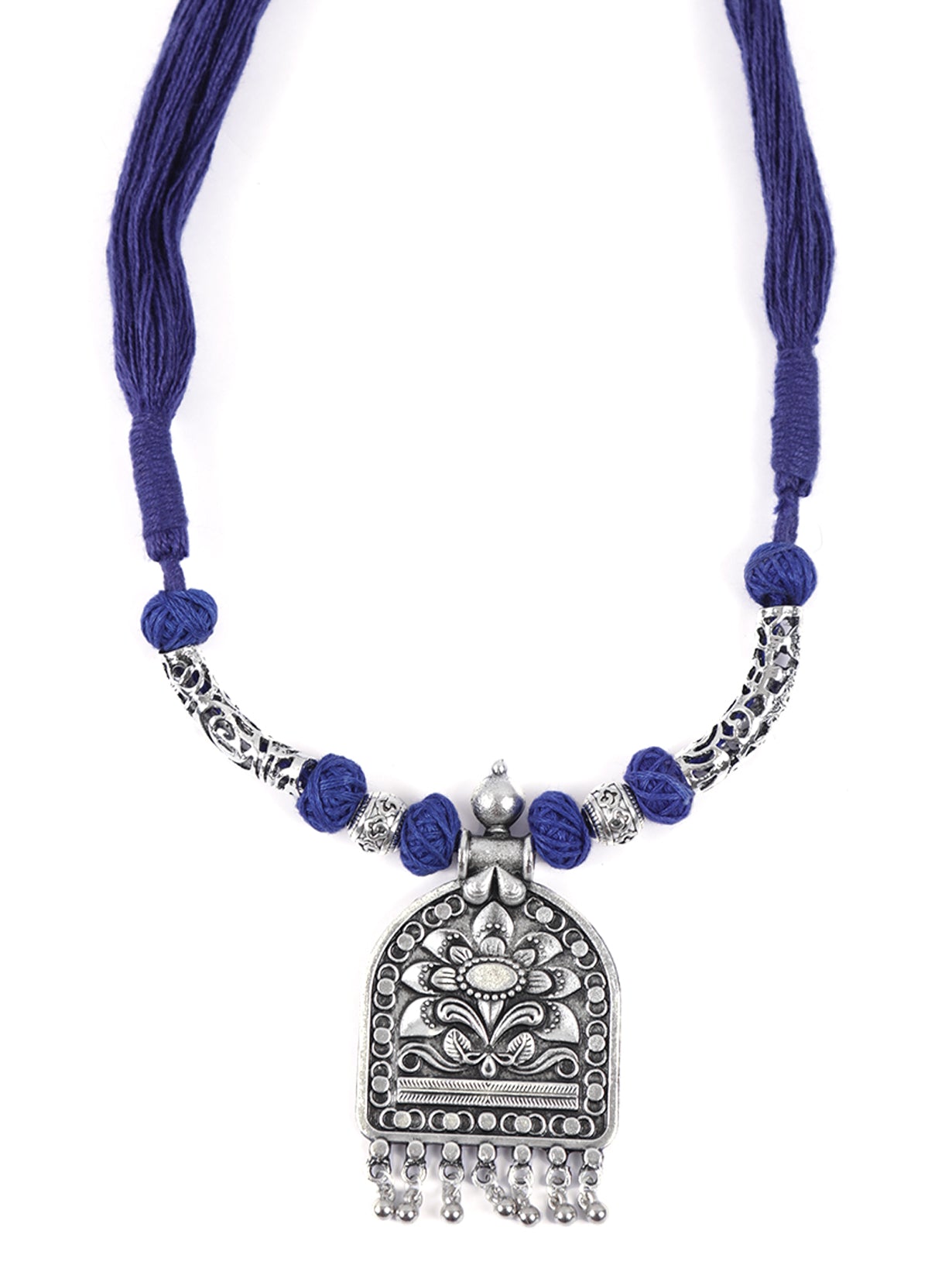 Thread Closure Necklace Set with Fabric Beads and Jhumka Earrings