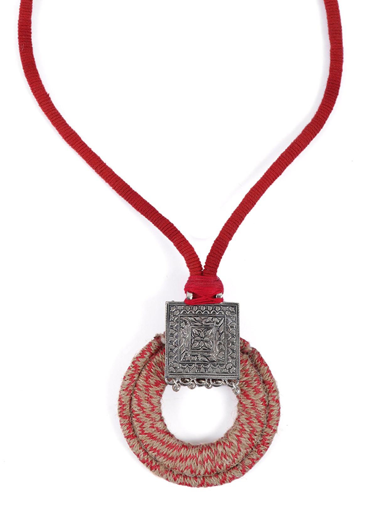 Circular Fabric and Metal Work Pendant Necklace Set