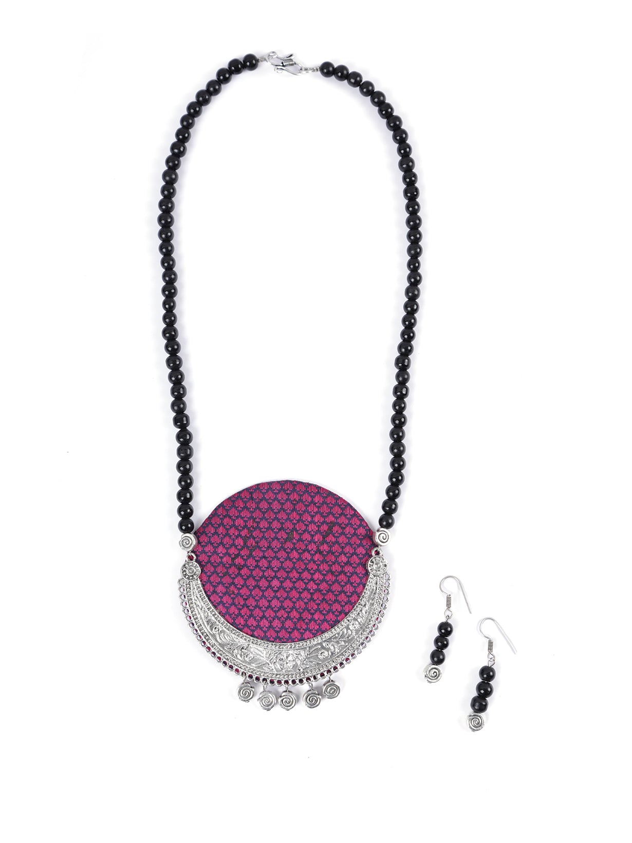 Fabric Necklace Set with Black Beads and Silver Finish Metal Pendant