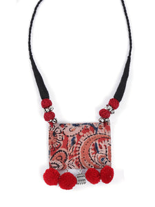 Handcrafted Kalamkari Fabric Necklace Set with Pom Pom
