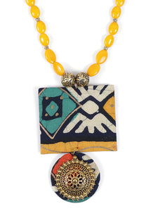 Block Printed Fabric Necklace Set with Stones and Metal Pendant