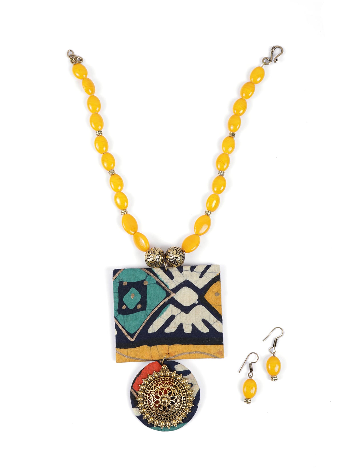 Block Printed Fabric Necklace Set with Stones and Metal Pendant