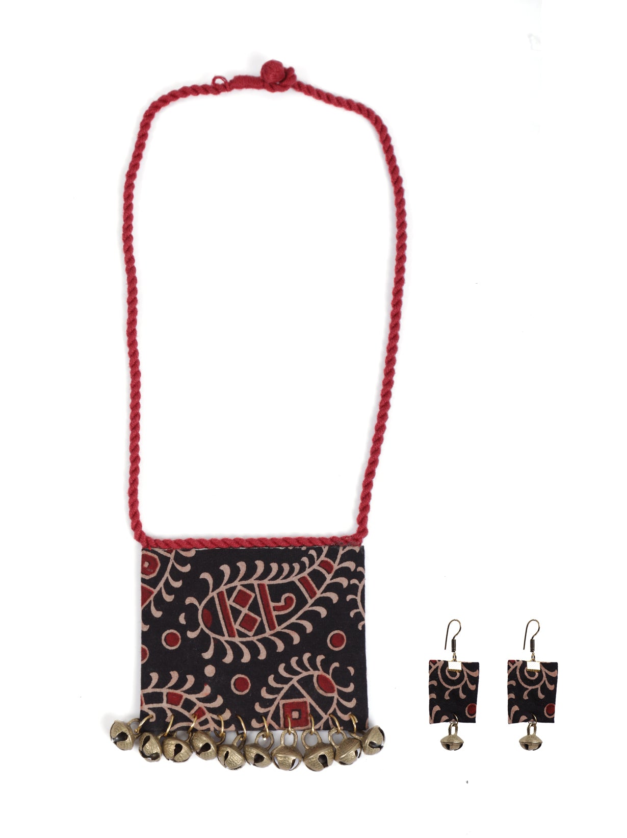 Block Printed Fabric Necklace Set Accentuated with Ghungroos