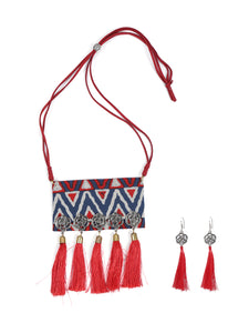 Indigo & Red Fabric Necklace Set with Thread Closure