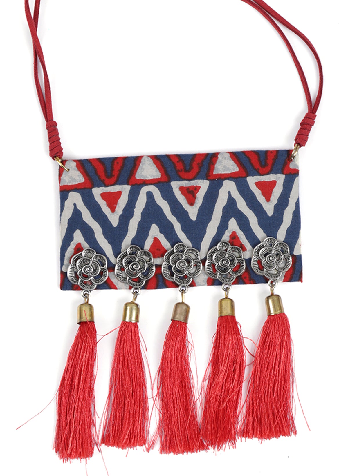 Indigo & Red Fabric Necklace Set with Thread Closure