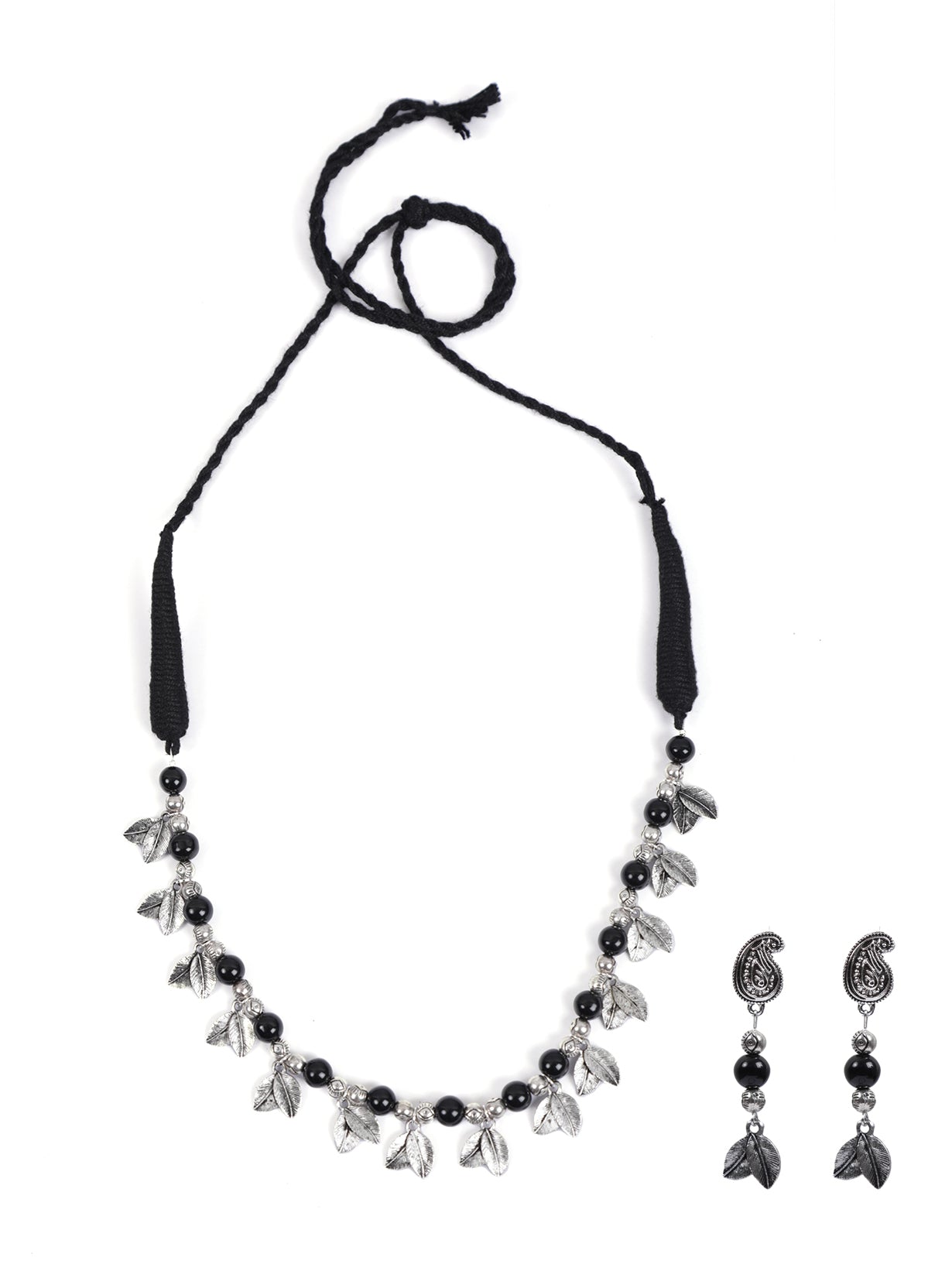 Metal Necklace Set with Glass Beads and Leaf Motifs