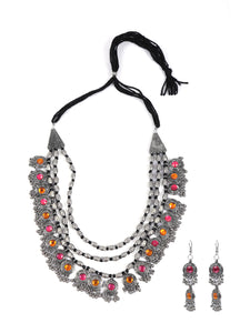 3 Layer Pink and Orange Oxidised Silver Necklace Set with Thread Closure