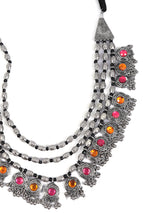 3 Layer Pink and Orange Oxidised Silver Necklace Set with Thread Closure