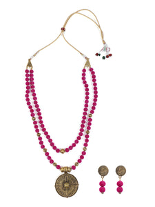 2 Layer Fabric Beads Necklace Set with Antique Gold Finish Metal Pendant