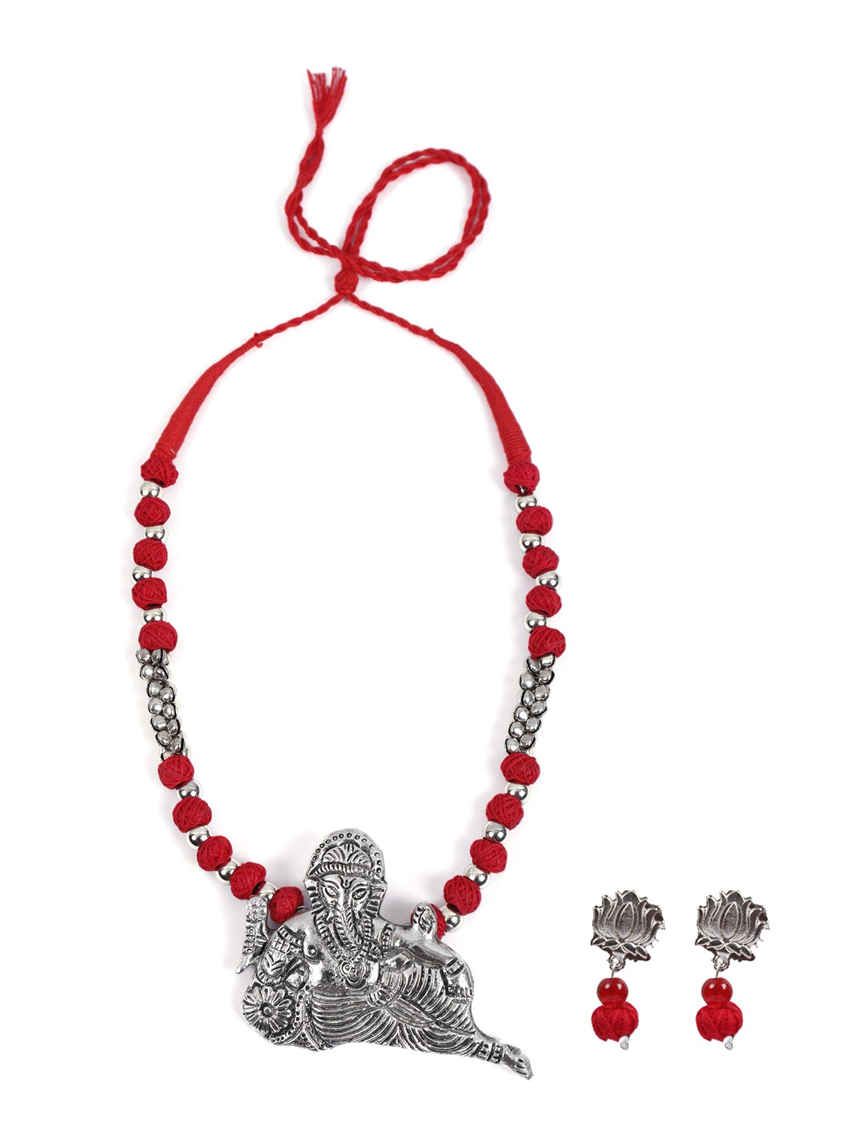 Statement Ganesha Necklace with Red Fabric Beads