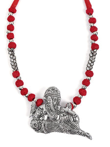 Statement Ganesha Necklace with Red Fabric Beads