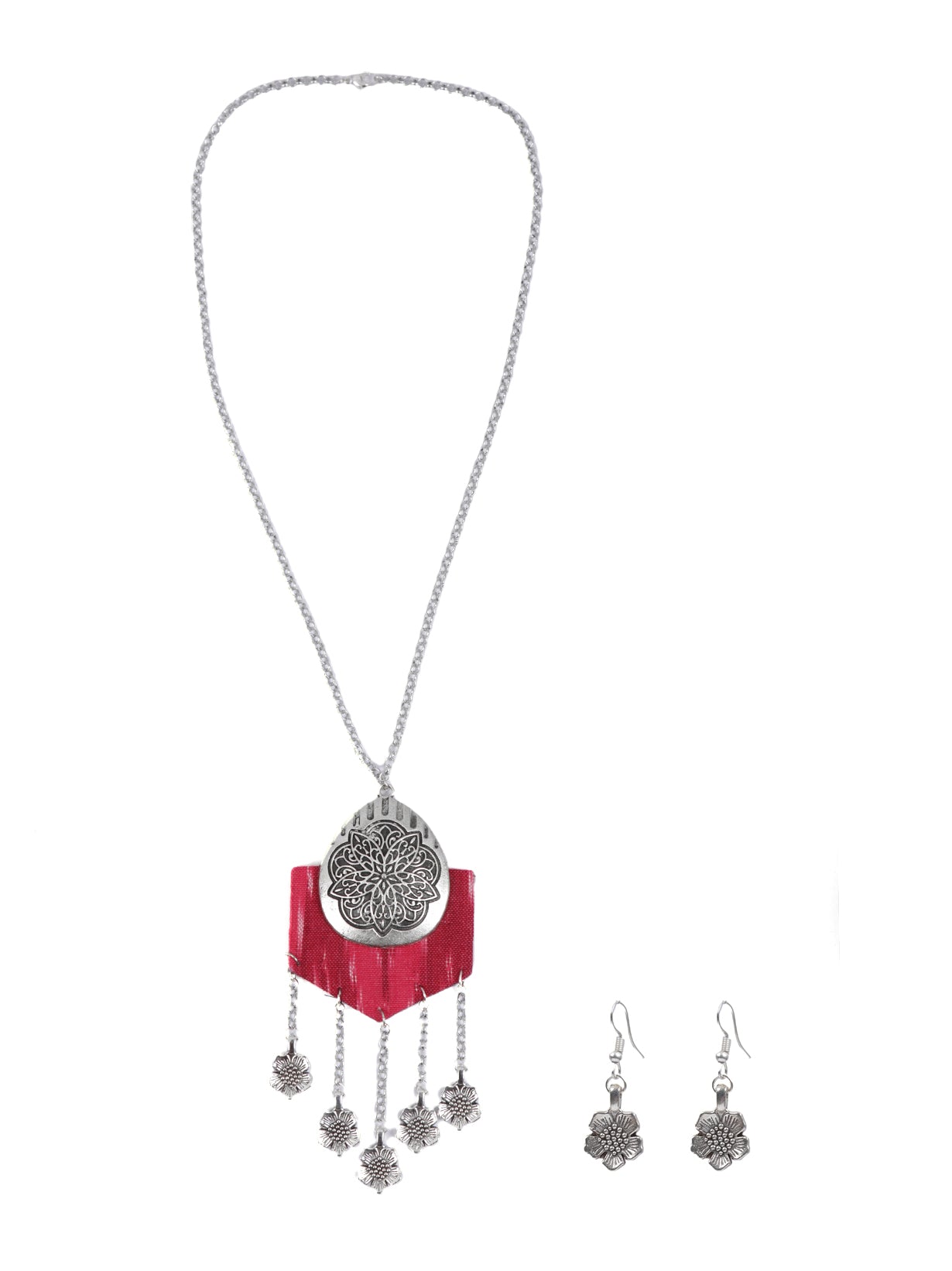 Flower Motifs Fabric Pendant Necklace Set with Metal Strings