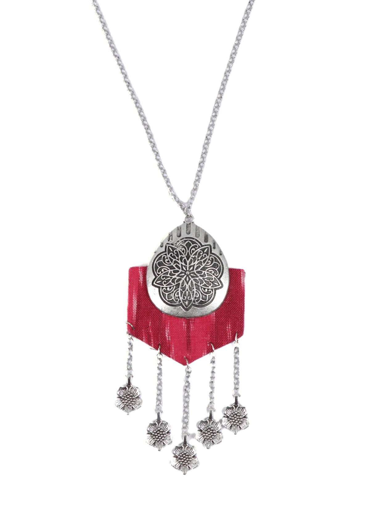 Flower Motifs Fabric Pendant Necklace Set with Metal Strings