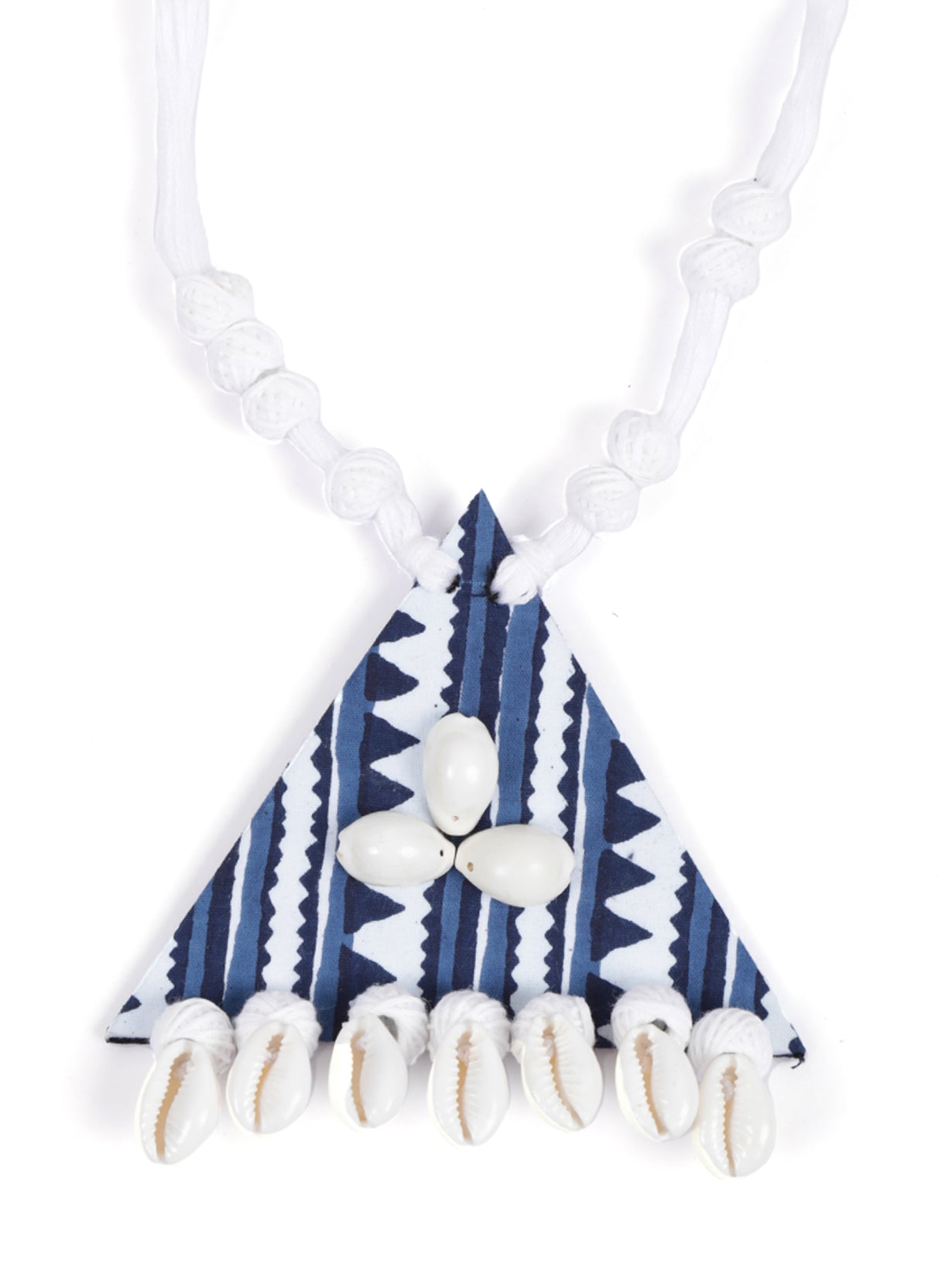 Blue Printed Fabric and Shell Work Necklace Set with Thread Closure