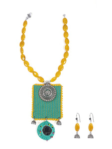 Green Kantha Work Necklace Set with Warrior Metal Pendant and Stones