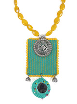Green Kantha Work Necklace Set with Warrior Metal Pendant and Stones
