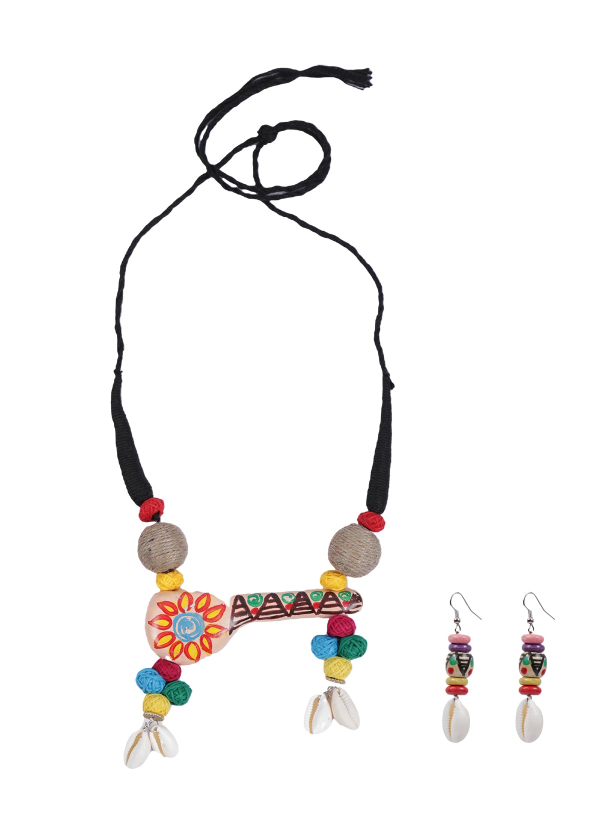 Hand-Painted Clay Shehnai with Shells and Fabric Beads Necklace Set