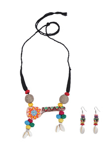 Hand-Painted Clay Shehnai with Shells and Fabric Beads Necklace Set