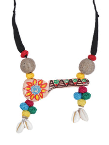 Hand-Painted Clay Shehnai with Shells and Fabric Beads Necklace Set