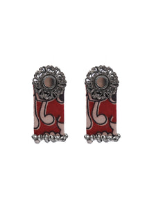 Beige and Red Kalamkari Fabric Mirror Earrings