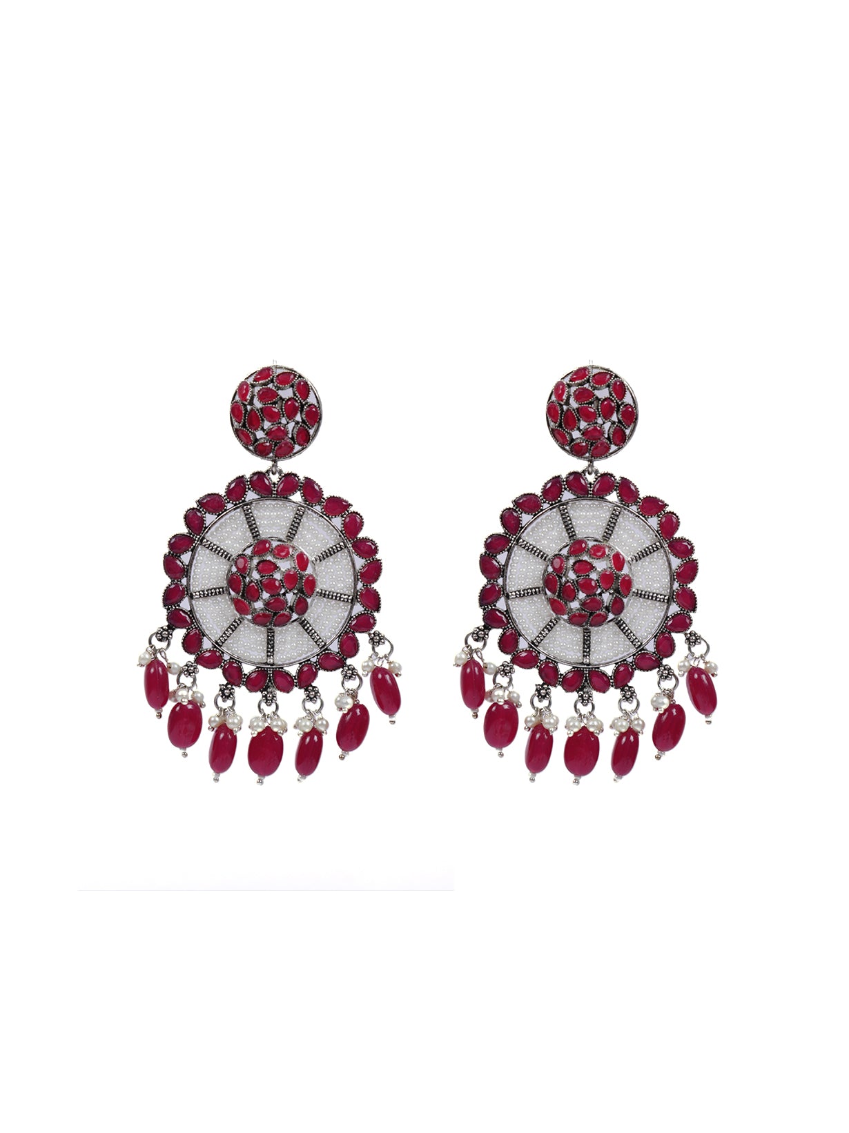 Fuchsia and White Beads Festive Metal Dangler Earrings