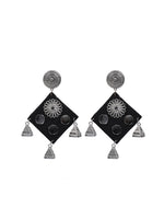 Load image into Gallery viewer, Fabric and Mirror Work Black Dangler Earrings with Metal Trinkets
