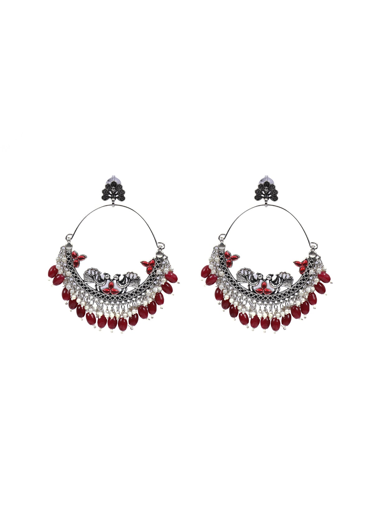 Chandbali Dangler Earrings with Peacock Motifs and Maroon Beads