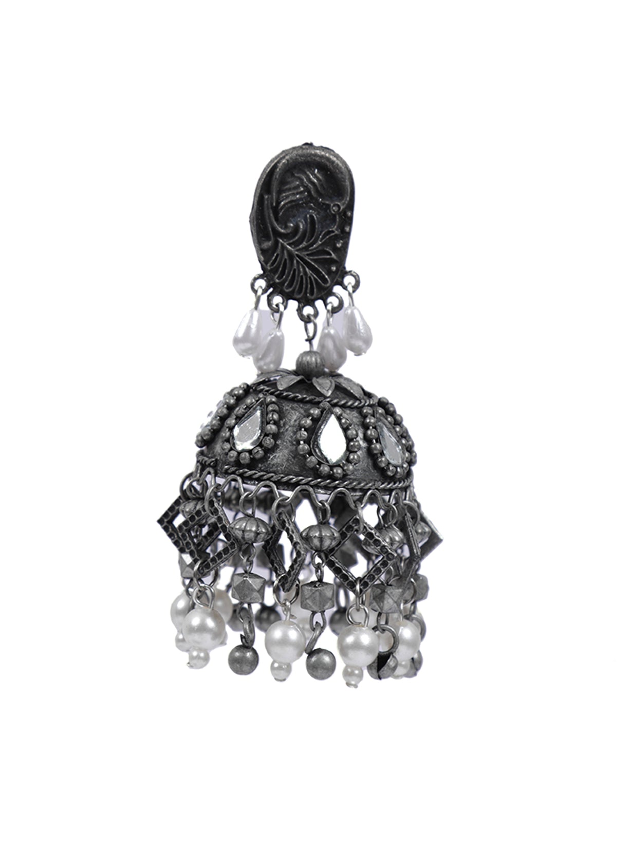 Mirror Work Jhumka Earrings with Metal Trinkets and Beads