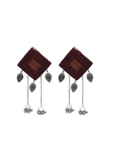 Maroon Ikat Fabric Earrings with Metal Chain Strings