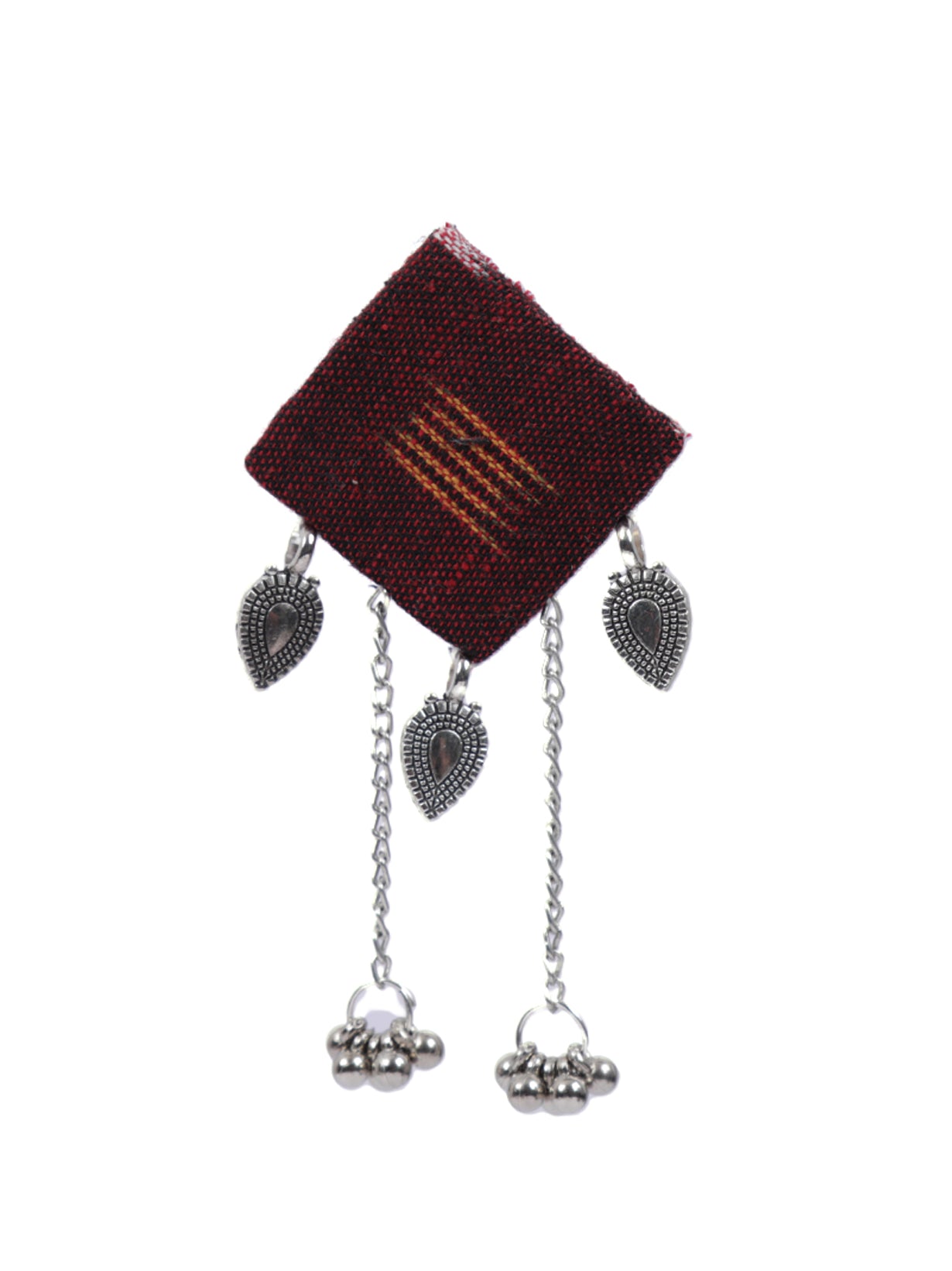 Maroon Ikat Fabric Earrings with Metal Chain Strings