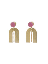 Horse Shoe Brass Earrings with Chain Strings and Pink Stone