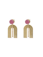 Load image into Gallery viewer, Horse Shoe Brass Earrings with Chain Strings and Pink Stone
