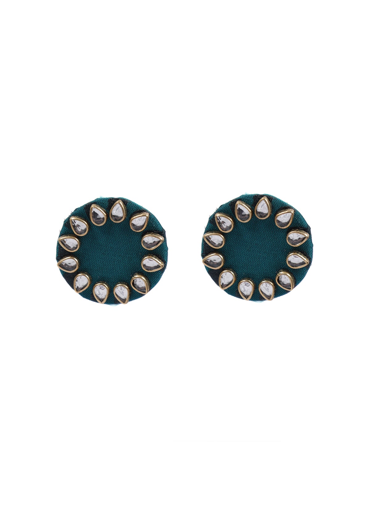 Blue Circular Fabric Stud Earrings with White Stones Detailing