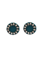 Load image into Gallery viewer, Blue Circular Fabric Stud Earrings with White Stones Detailing
