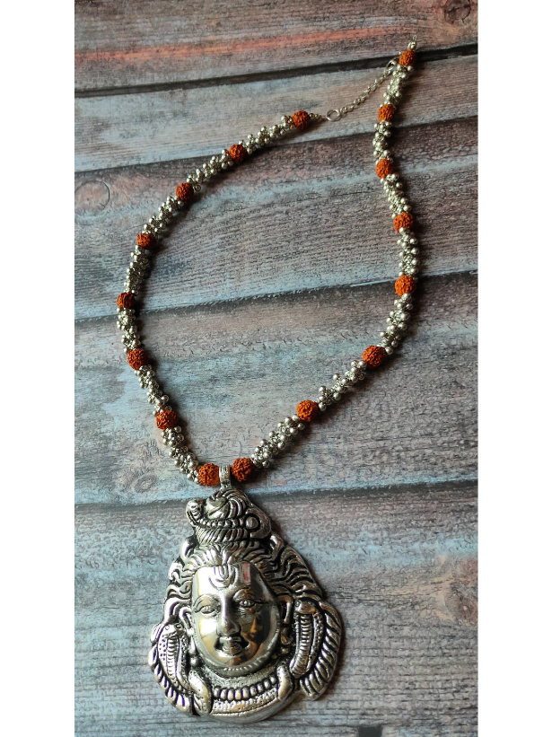 Lord Shiva Silver Rudraksha Beads and Metal Beads Necklace
