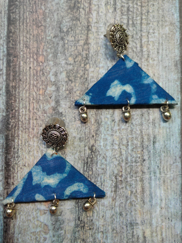 Indigo Fabric Earrings with Metal Charms