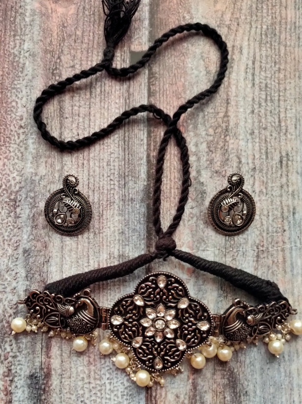 Oxidised Silver Choker Necklace Set with Rhinestones and Peacock Detailing